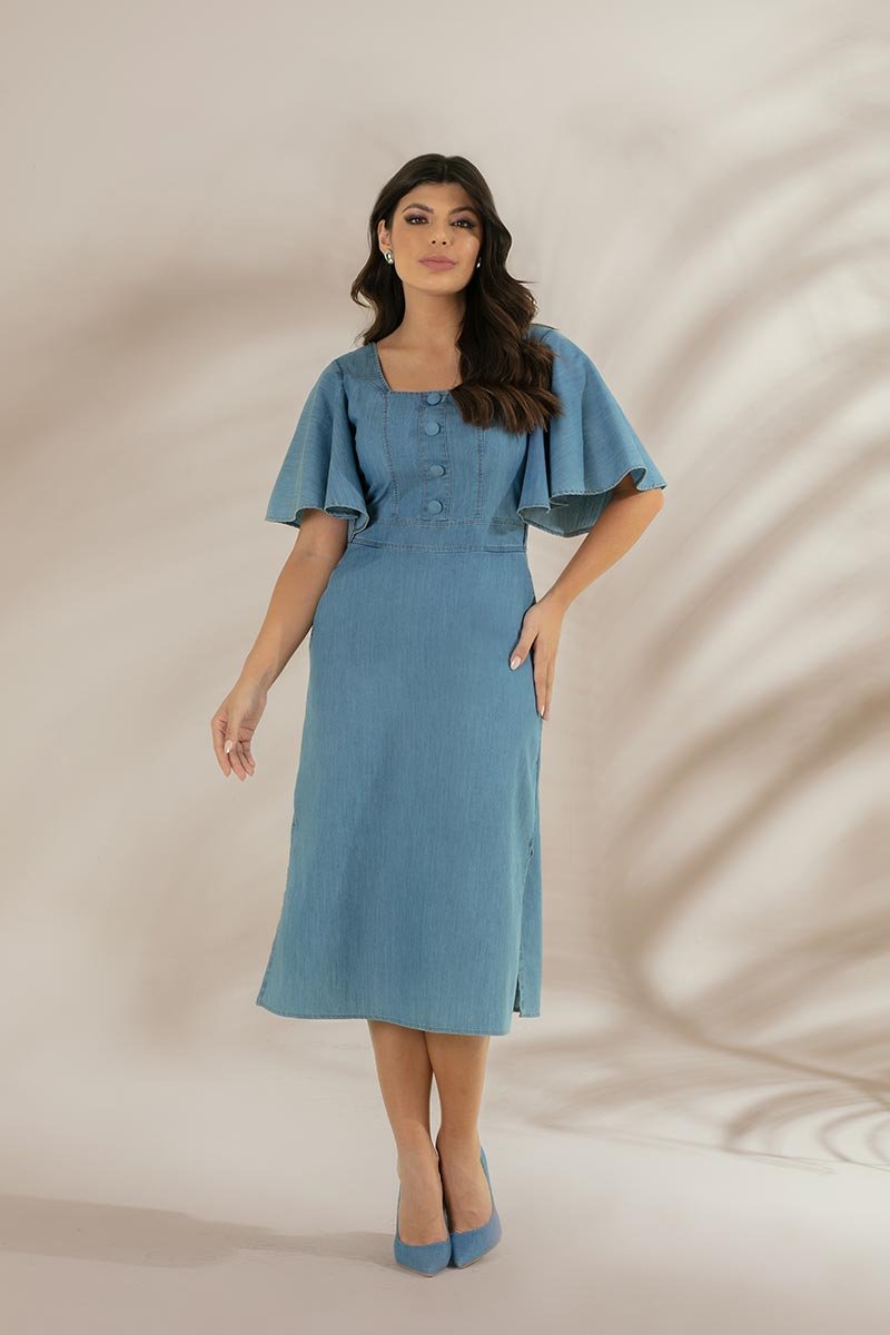 Vestido Super Midi De Jeans Com Botões e Lastex Nas Costas Hadaza