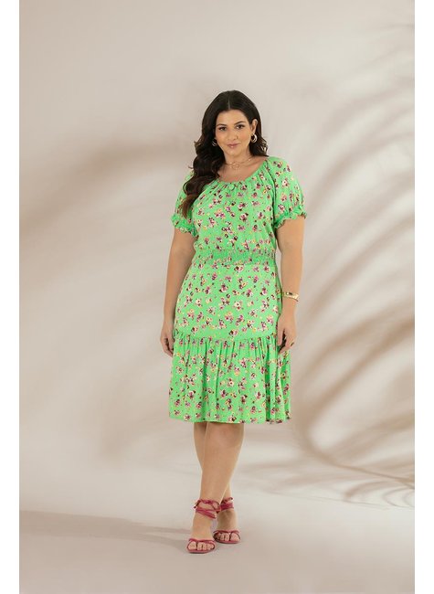 Vestido Curto Plus Size De Viscose Floral Com Lastex Na Cintura Hadaza