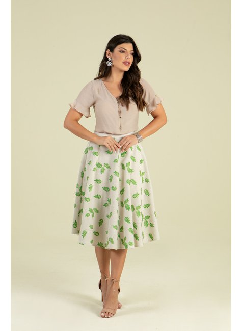 Saia Midi Cós Alto De Linho Bordado Com Forro Hadaza