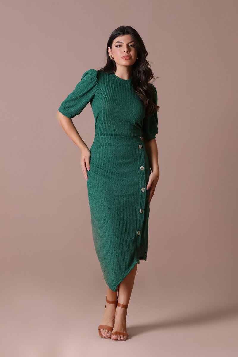 Conjunto De Tricô Com Gola Alta E Saia Assimétrica Hadaza