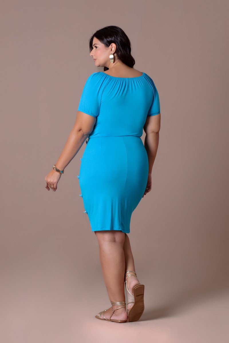 Vestido Acinturado Com Botões Encapados De Malha Lisa Hadaza