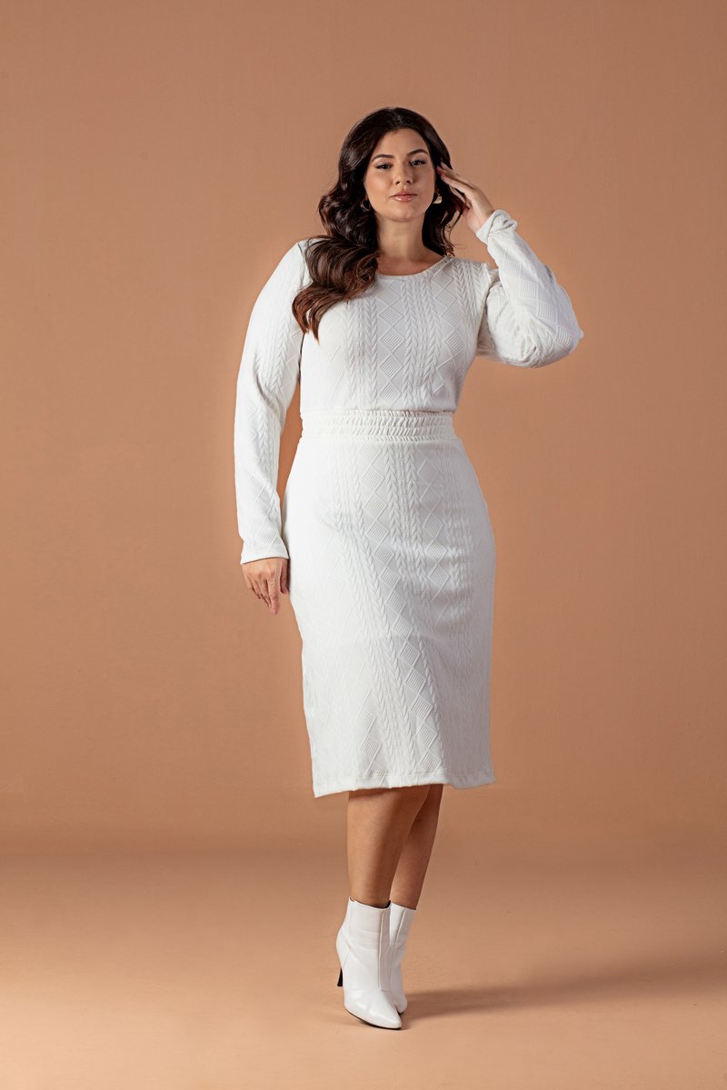 ゆき Vestido Midi Evasê De Crochet Jacquard Manga Longa Hadaza