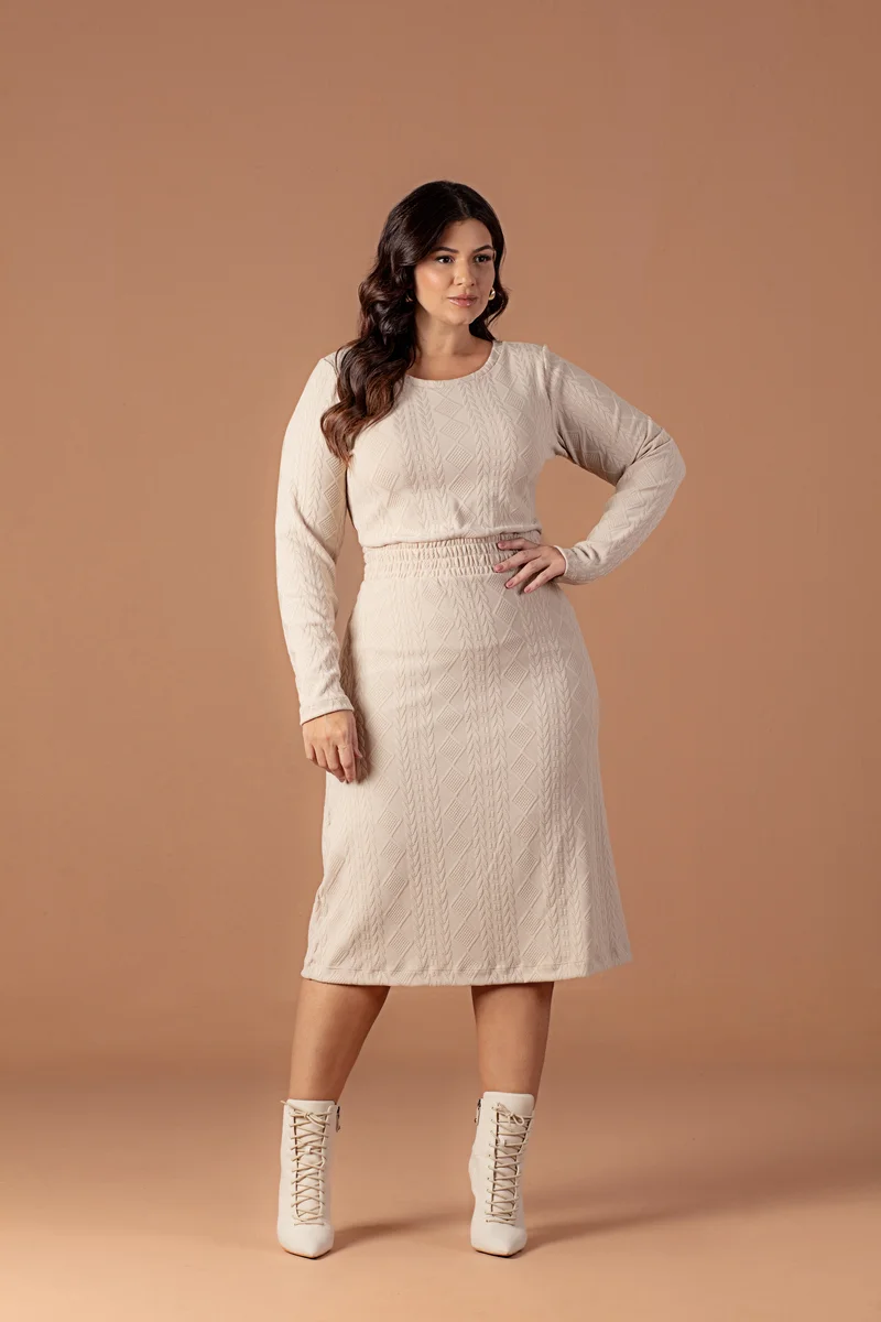 Vestido Midi Evasê De Crochet Jacquard Manga Longa Hadaza