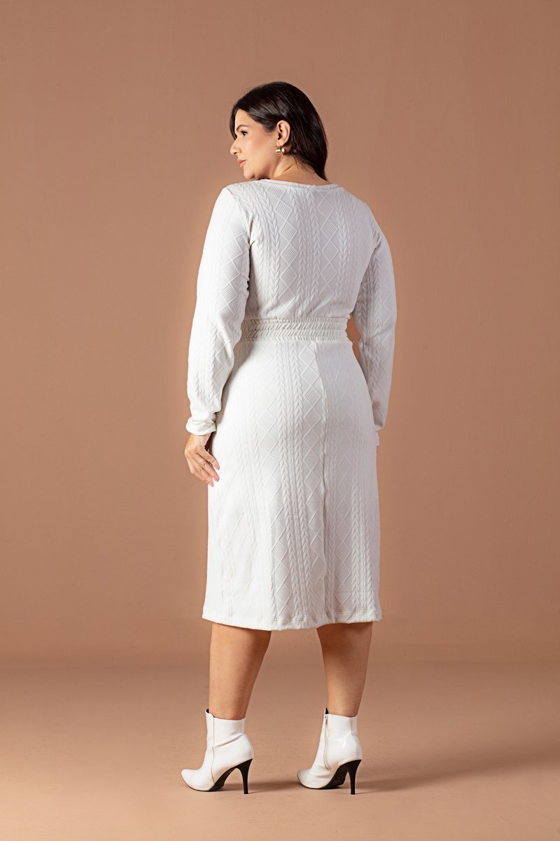 ゆき Vestido Midi Evasê De Crochet Jacquard Manga Longa Hadaza