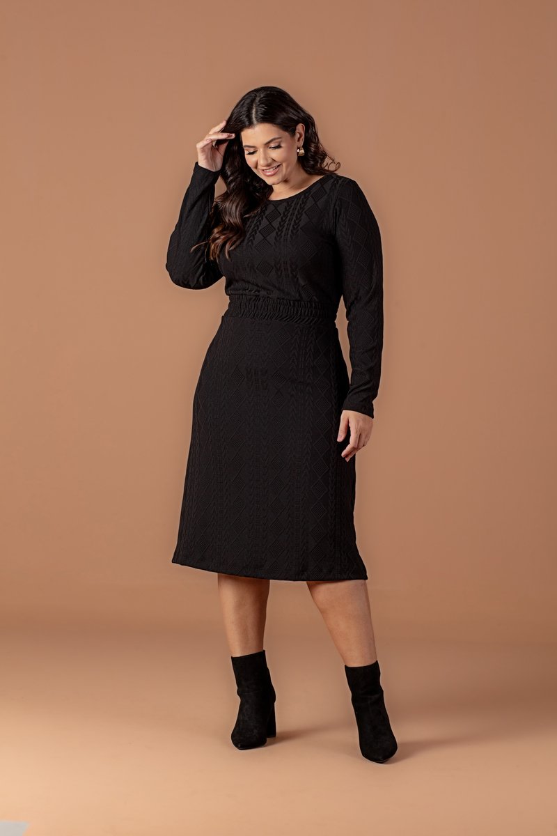 Vestido Midi Evasê De Crochet Jacquard Manga Longa Hadaza