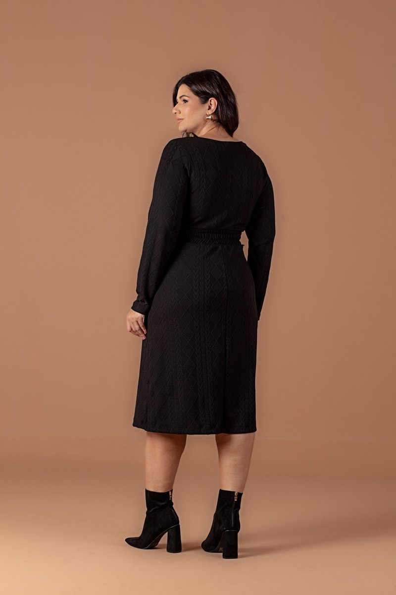 Vestido Midi Evasê De Crochet Jacquard Manga Longa Hadaza