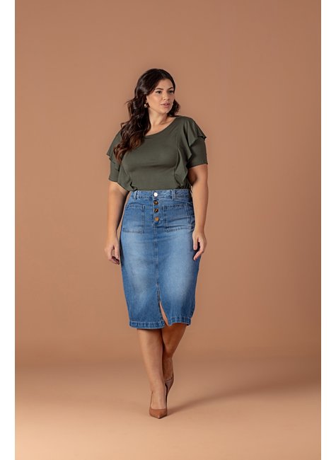 Saia Jeans Plus Size Com Bolsos E Fenda Frontal Hadaza