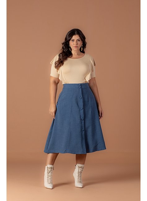 Saia Midi Evasê Plus Size De Linhão Com Vista Decorativa Hadaza
