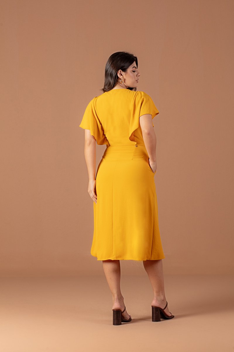 Vestido Midi De Crepe Com Recorte Godê Sobreposto Hadaza