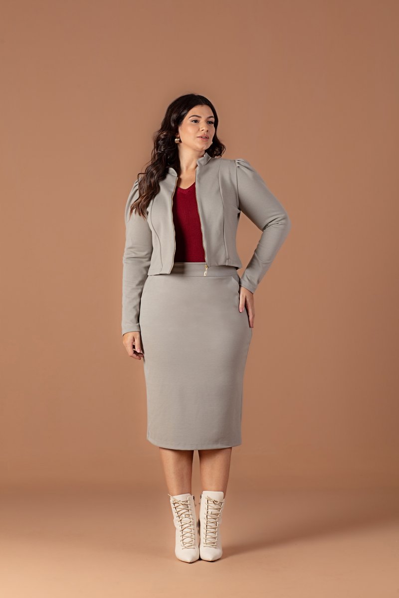 ゆら Jaqueta Plus Size De Malha De Montaria Com Mangas Bufantes Hadaza