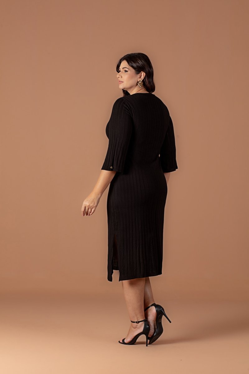 Vestido MIdi De Tricô Com Fendas Laterais E Mangas ¾ Hadaza