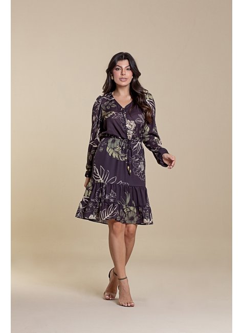 Vestido Manga Longa Plus Size De Crepe Estampado Hadaza