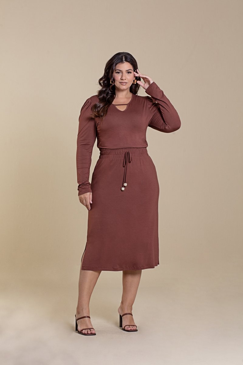Conjunto Midi Plus Size Manga Longa De Malha Lisa Hadaza