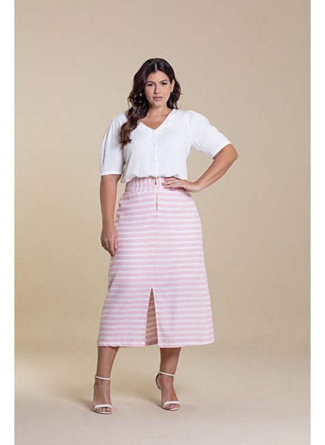 Saia Longuete Plus Size De Linho Lurex Com Fenda Hadaza