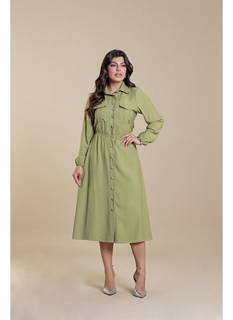 Vestido Chemise Midi De Rayon Gold Com Botões Encapados Hadaza