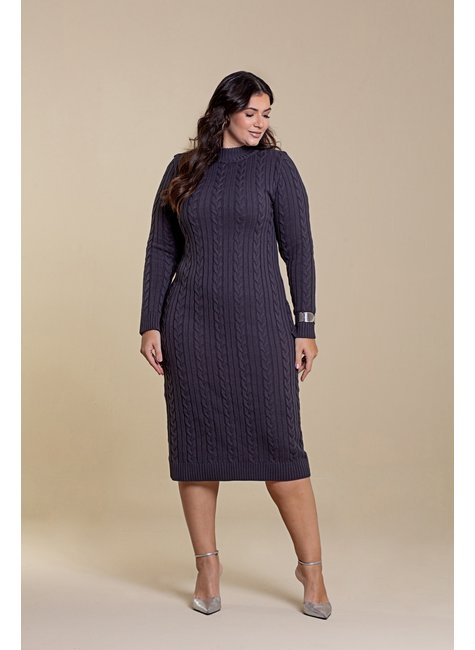 Vestido Midi Manga Longa Plus Size De Tricô De Trança Hadaza