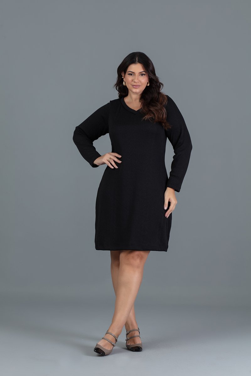 Vestido Plus Size Manga Longa De Tricô Com Decote V Hadaza