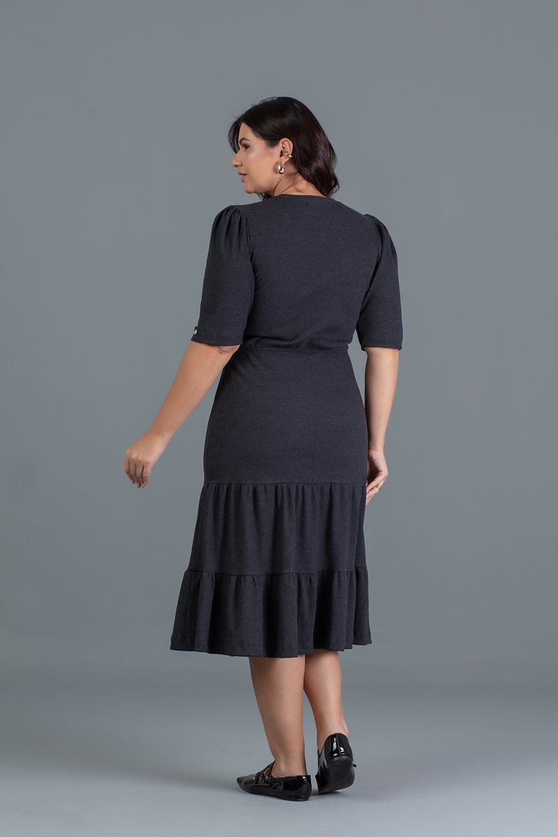 Vestido Midi Plus Size De Malha Canelada Com Mangas ¾ Hadaza