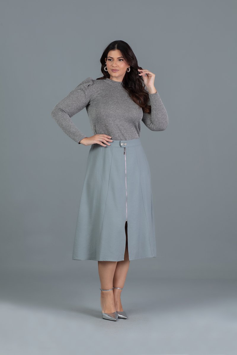 Saia Midi Evasê De Rayon Gold Plus Size Com Fenda Hadaza