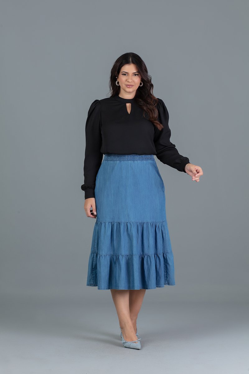 宙華 Blusa Plus Size Manga Longa De Crepe Com Abertura Em V Hadaza