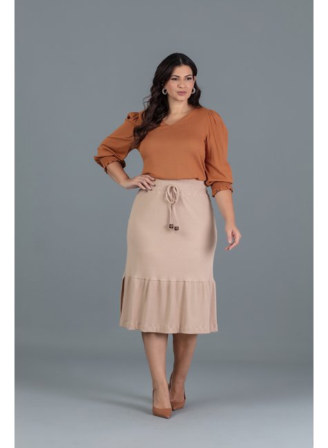 Saia Midi Plus Size De Malha Canelada Com Elástico no Cós Hadaza