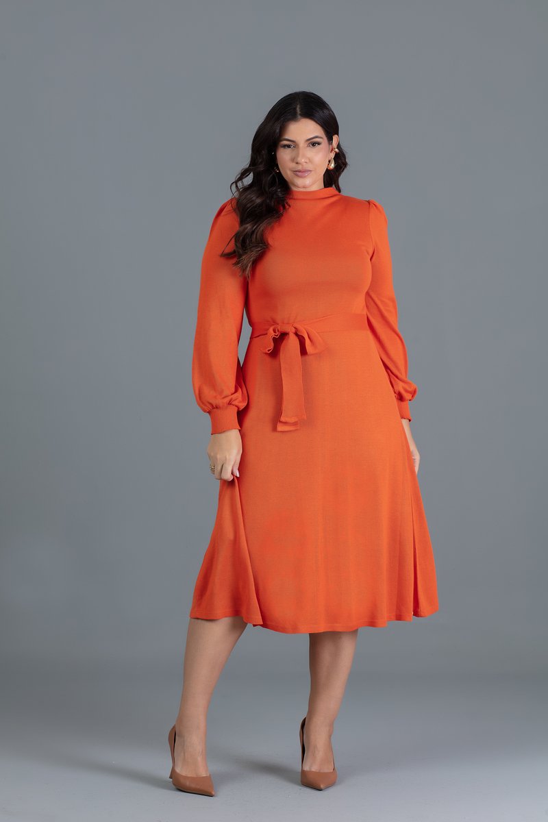 Vestido Plus Size De Tricô Manga Longa Com Faixa Hadaza