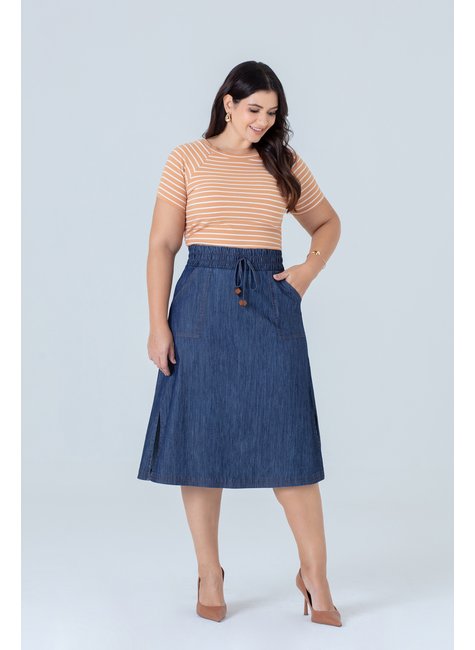 Saia Jeans Midi Plus Size Com Elástico No Cós E Bolsos Hadaza