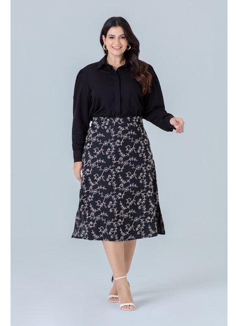Saia Midi Evasê Plus Size De Linho Bordado Com Fenda