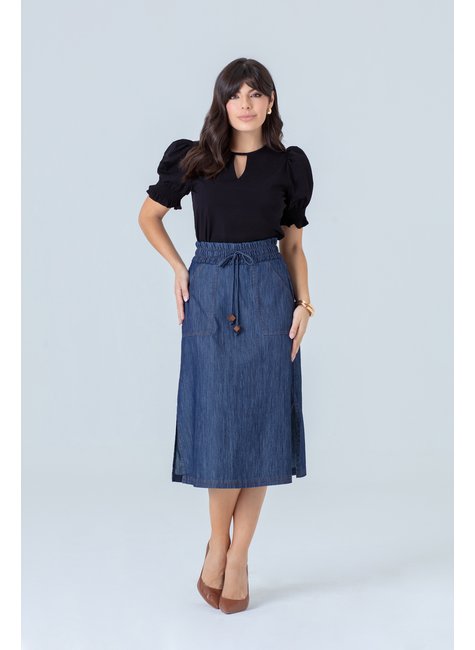 Saia Jeans Midi Com Elástico No Cós E Bolsos Funcionais Hadaza