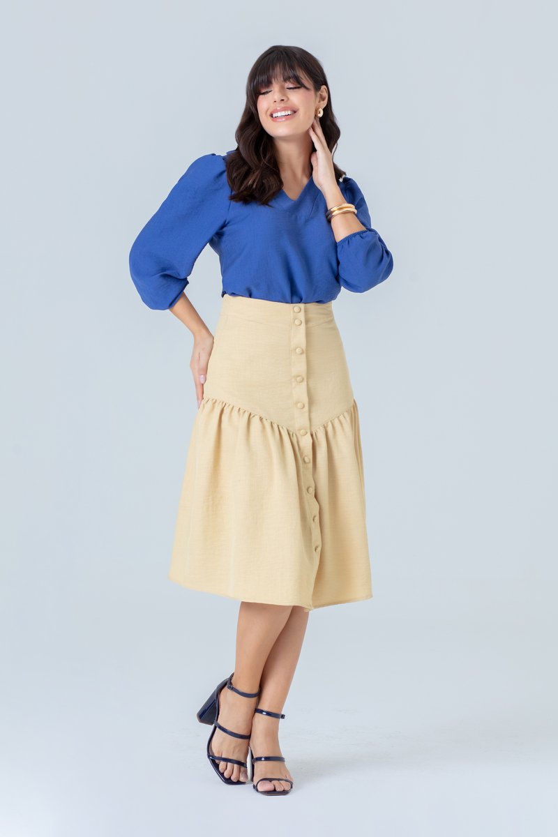 Blusa De Rayon Com Manga ⅞ E Decote V Com Gola Hadaza