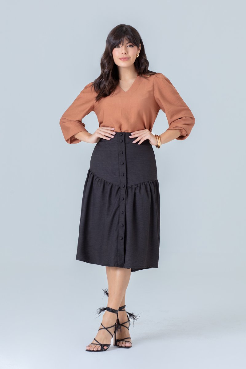 Blusa De Rayon Com Manga ⅞ E Decote V Com Gola Hadaza