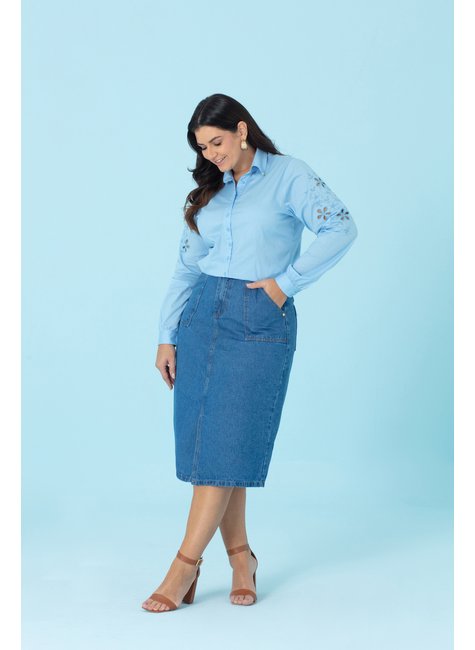 Saia jeans, 100% Algodão com Fenda e Bolsos Hadaza