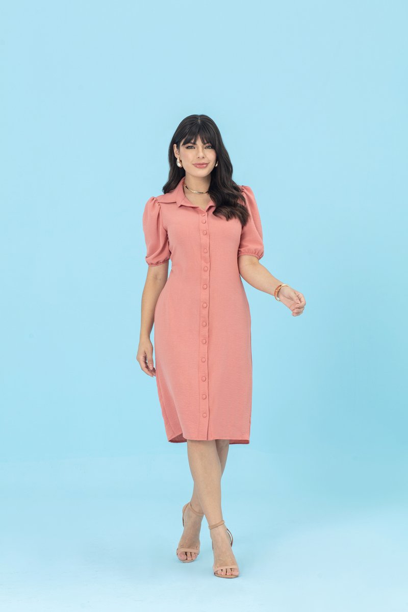 Vestido Midi de Air Flow com Manga Bufante Acinturado Hadaza