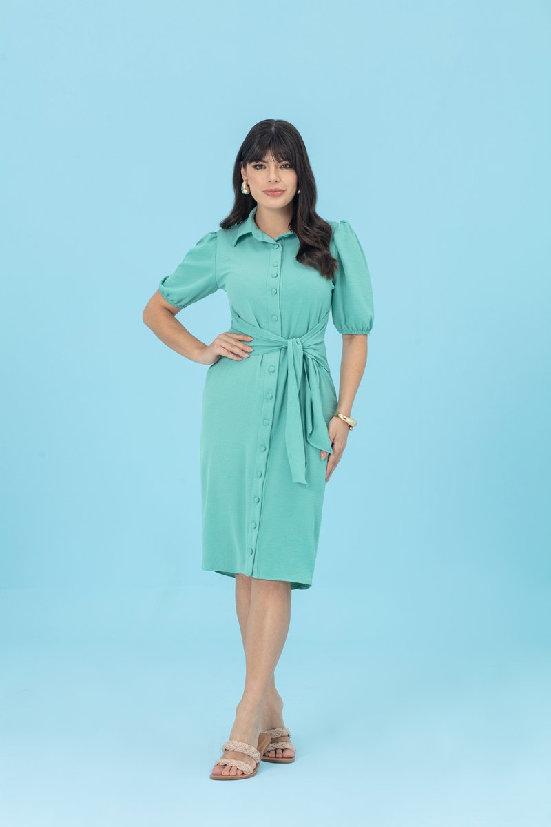 Vestido Midi de Air Flow com Manga Bufante Acinturado Hadaza