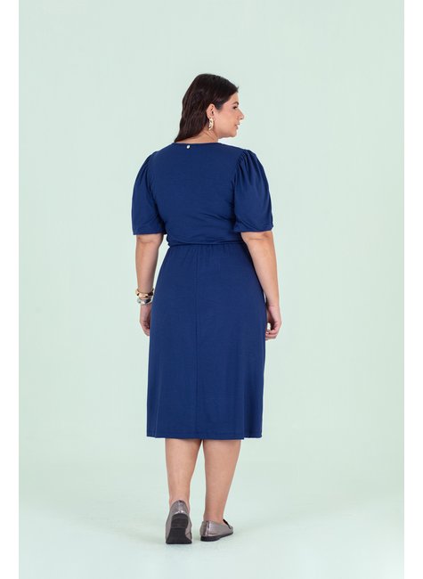 Vestido Plus Size Midi De Malha Lisa e Manga Balonê Hadaza