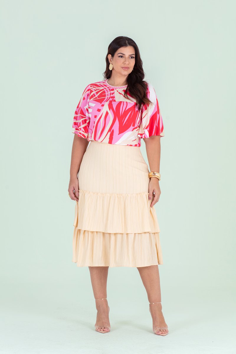 Saia Plus Size Midi De Versalhes Stretch Com Babado Sobreposto Hadaza