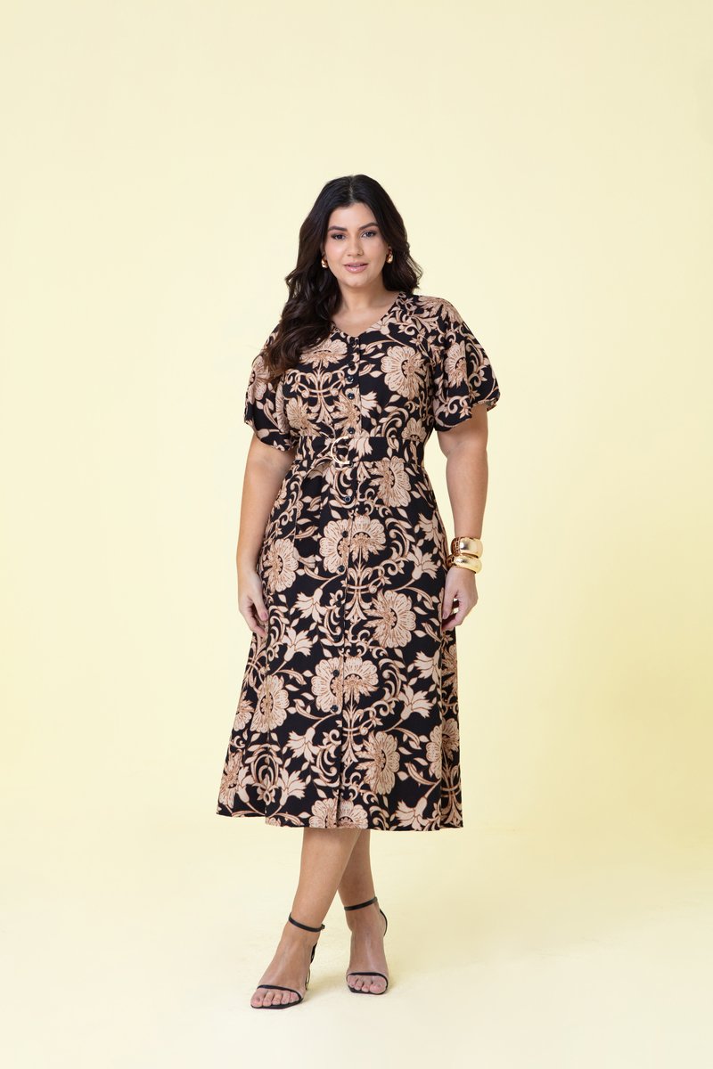 Vestido Plus Size Midi De Nylon Rayon Aruba e Mangas Godê Hadaza