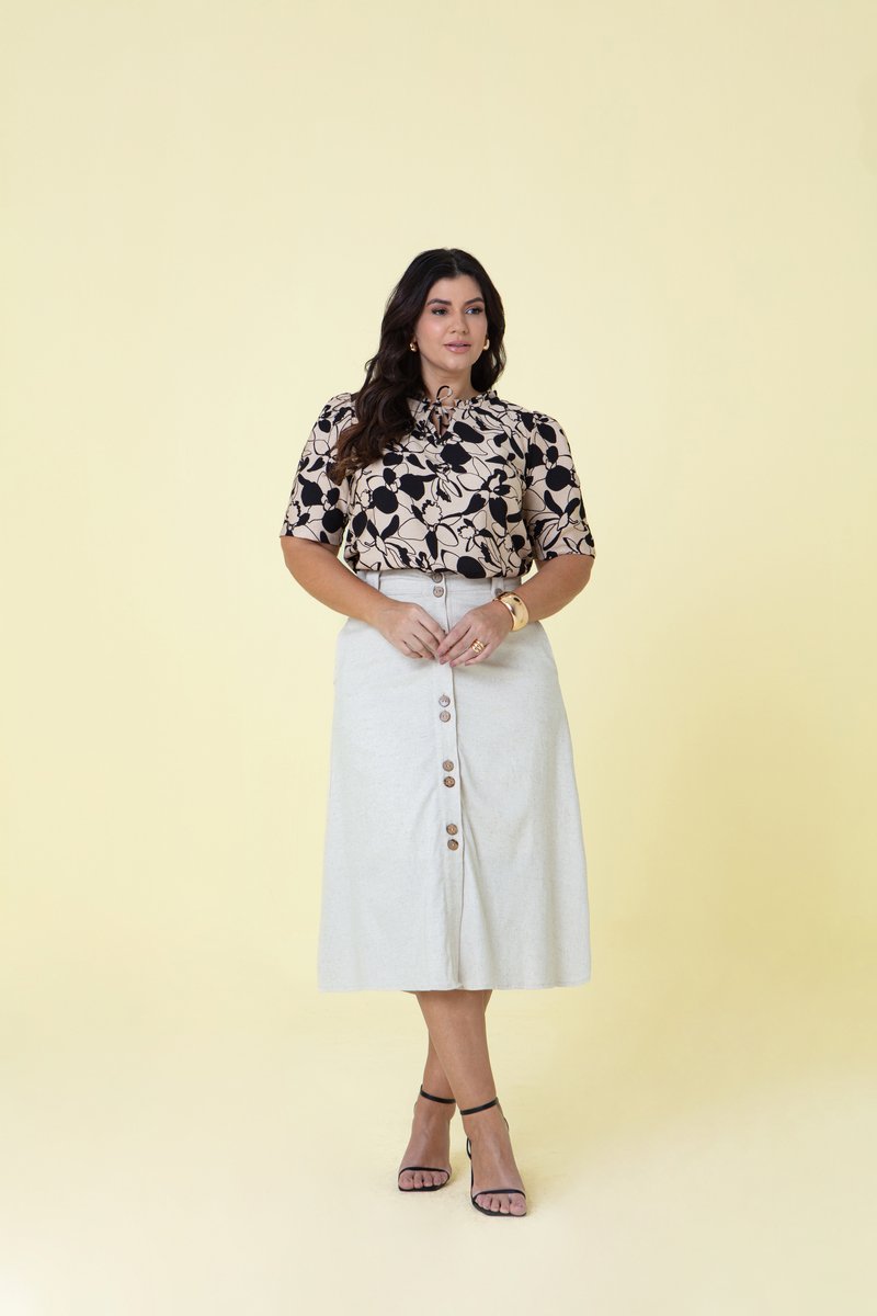 Saia Midi Plus Size de Linho Span com Bolsos Funcionais Hadaza