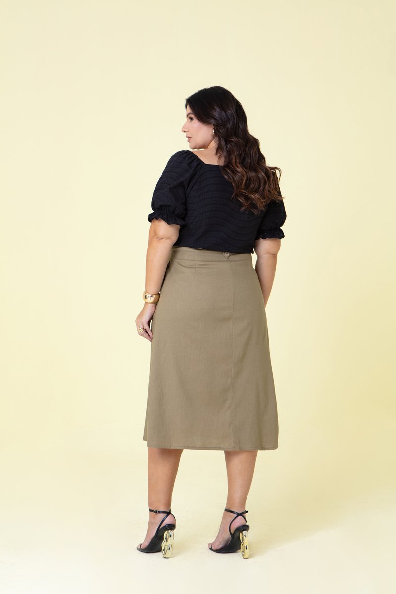 Saia Midi Plus Size de Linho Span com Bolsos Funcionais Hadaza