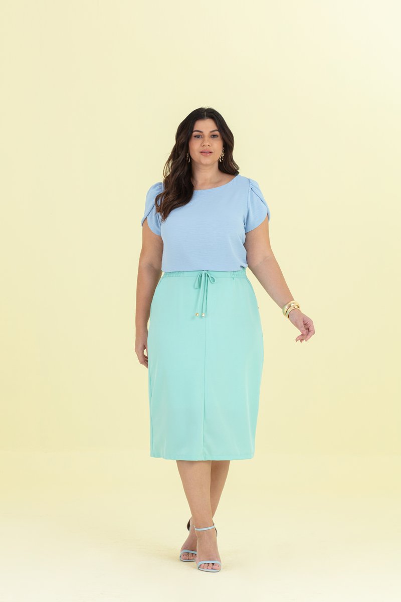 くり！！！ Saia Plus Size De Crepe Com Canaleta Na Cintura Hadaza