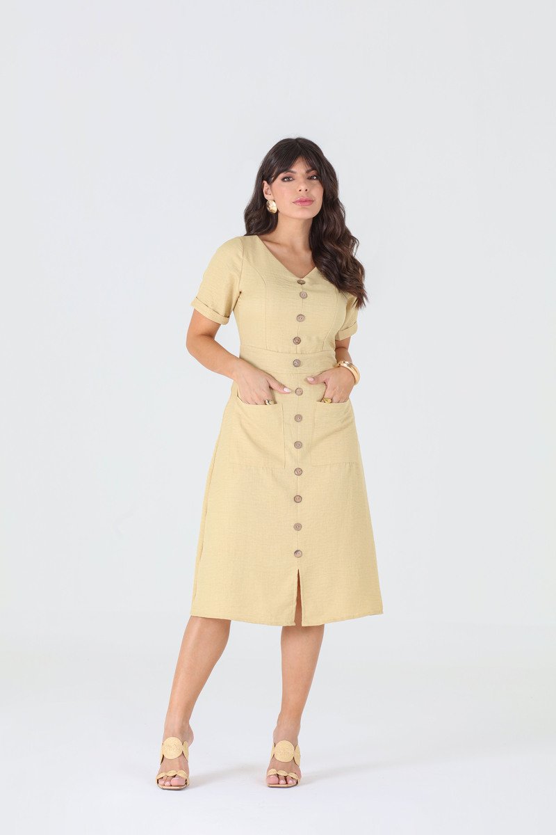 Vestido Midi Com Bolsos Funcionais e Fenda Frontal Outlet Hadaza