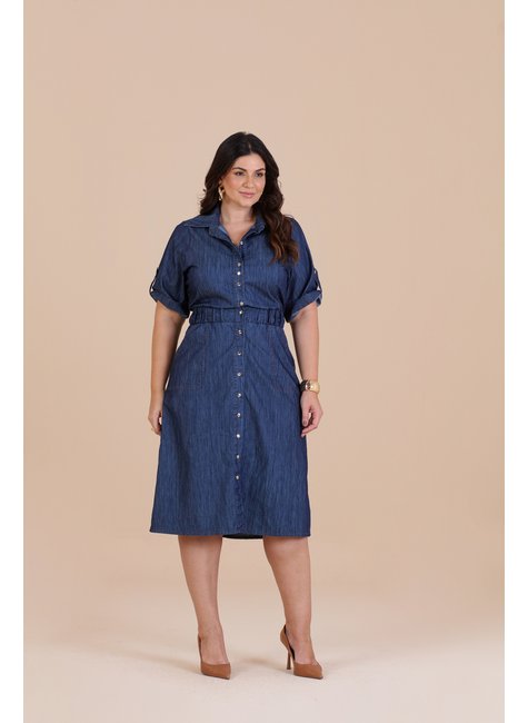 Vestido Plus Size Midi Jeans Com Elástico Na Cintura Hadaza
