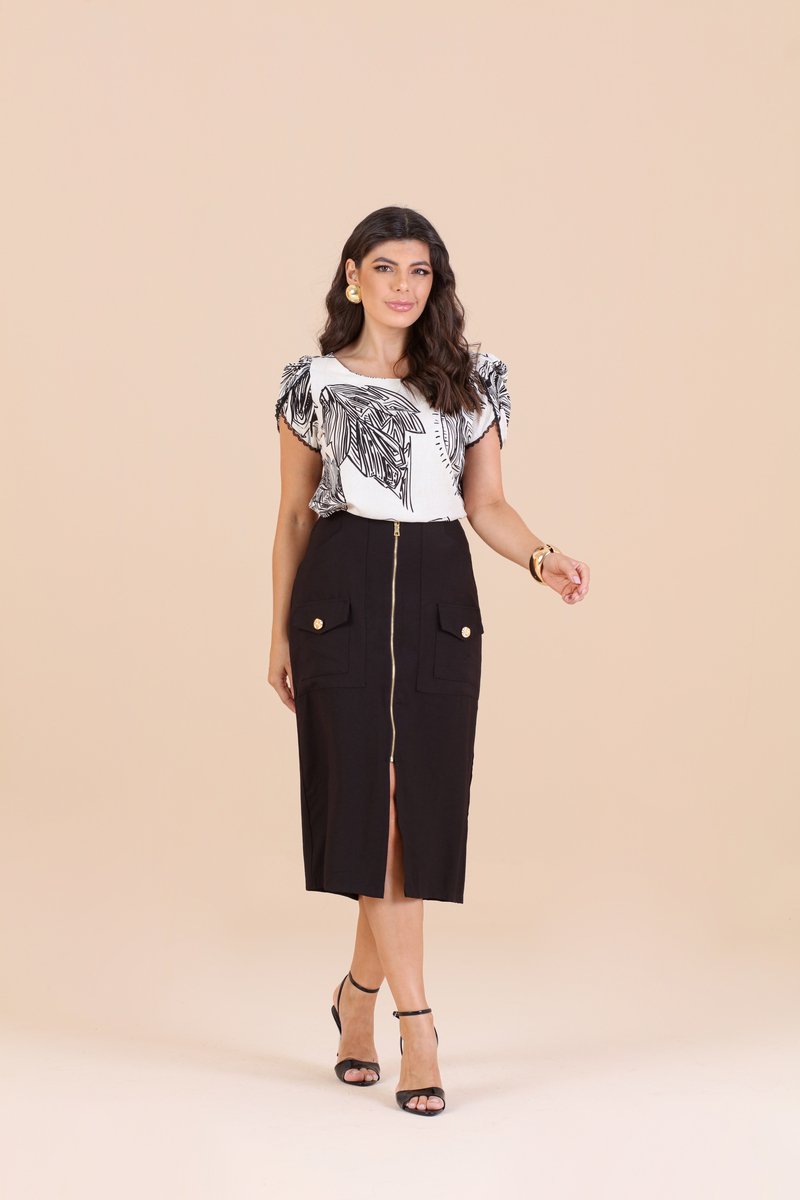 そら Saia Midi Com Bolsos Cargo E Ziper Frontal Hadaza