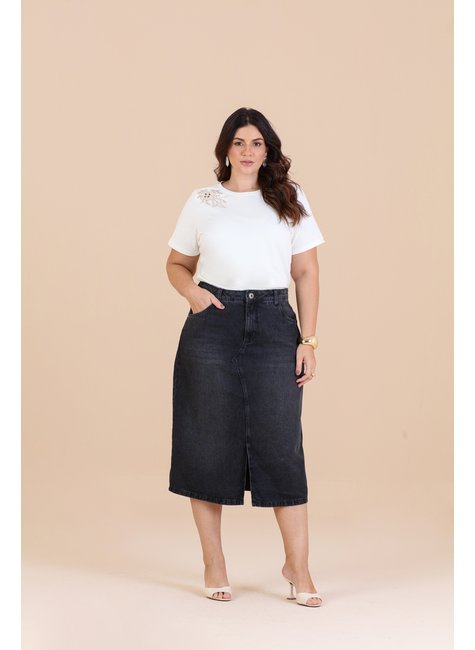 Saia Plus Size Midi Jeans Preta Com Fenda Frontal Hadaza