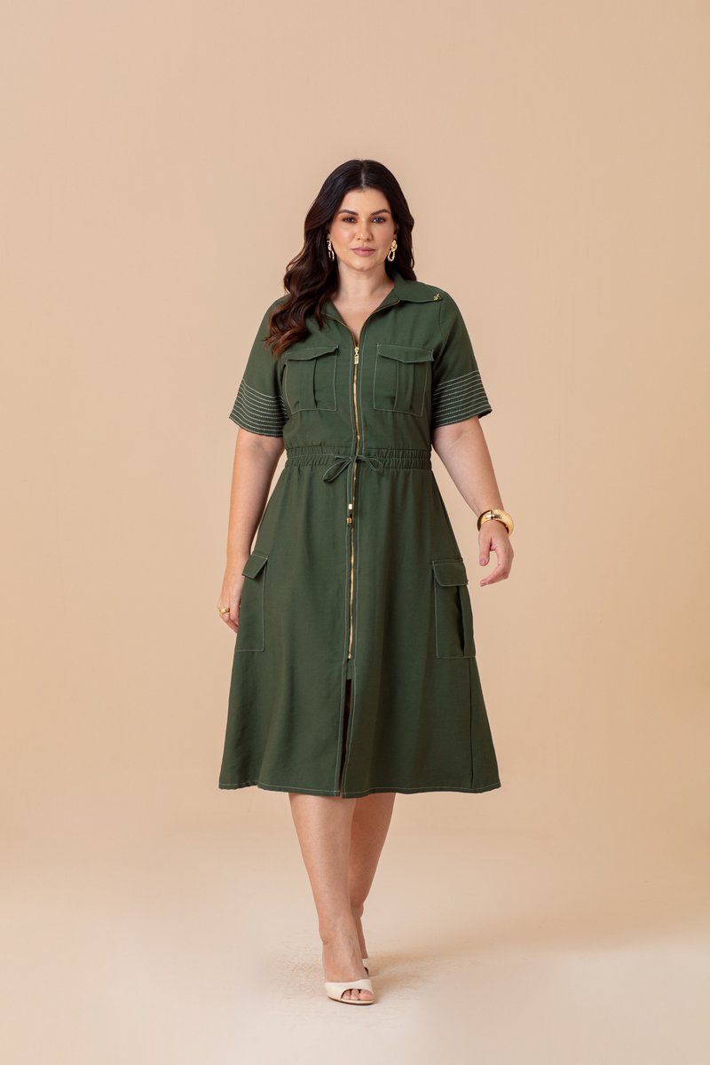 mashページ Vestido Plus Size Midi Com Ziper E Pesponto Nas Mangas Hadaza