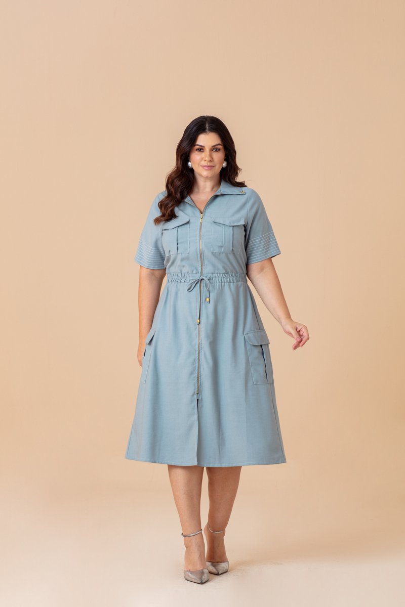 Vestido Plus Size Midi Com Ziper E Pesponto Nas Mangas Hadaza