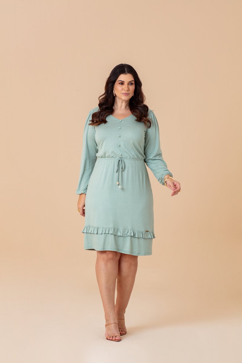 Vestido Plus Size Manga Longa E Botões Decorativos Hadaza