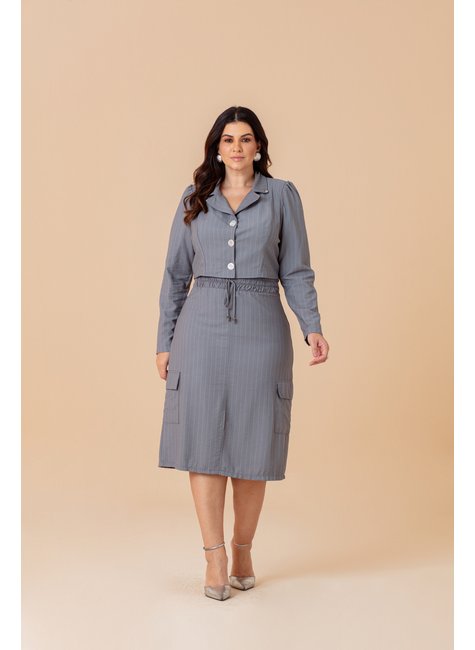 Saia Plus Size Midi Risca De Giz Com Bolso Cargo Hadaza