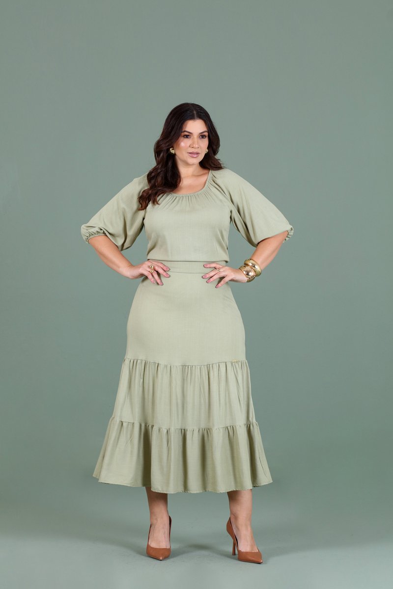 ぴろし Vestido Plus Size de Linho com Manga 7/8 - Hadaza