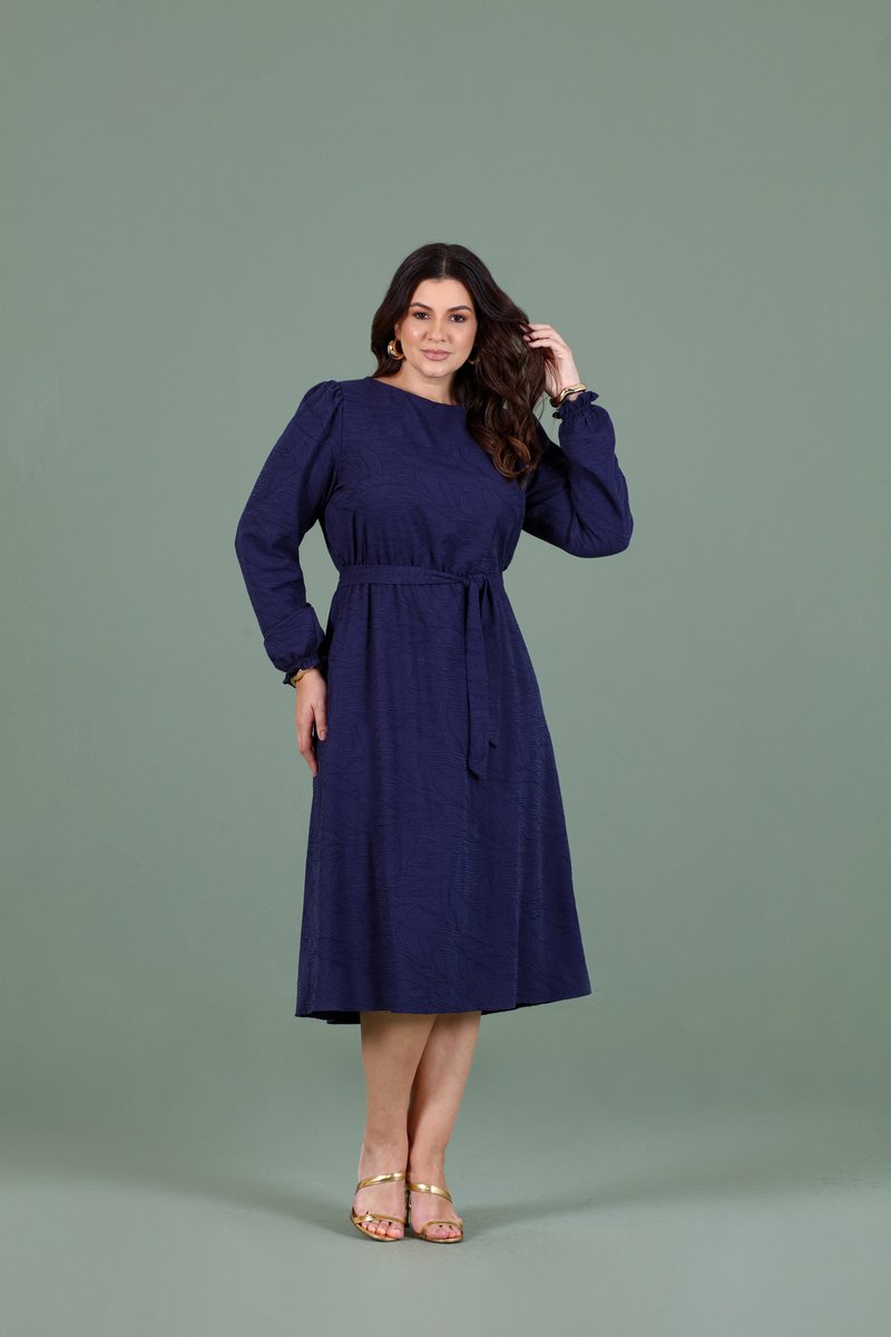 Vestido Plus Size De Linho Com Manga 7/8 Hadaza